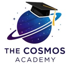 The Cosmos Academy logo featuring a planet and a graduation cap